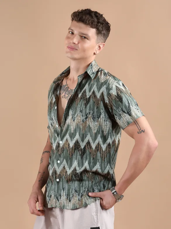 Green Chevron Half Sleeve Viscose Shirt